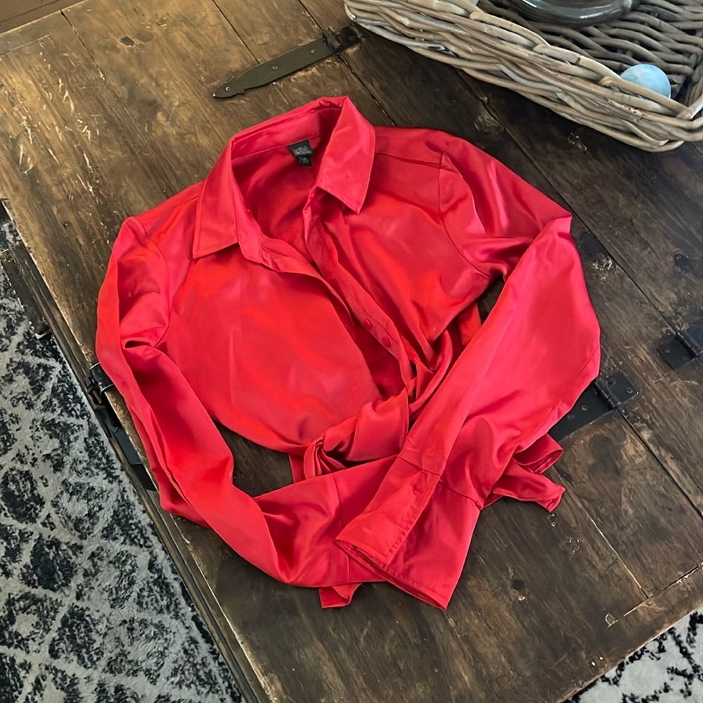Red silk tie front top